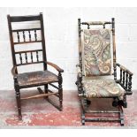 An 18th century elm rush seated rocking chair, and an American rocker (2).