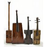 Four novelty box violins including a wooden example with indistinct interior label for 'Glasgow