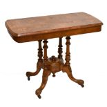 A Victorian inlaid burr walnut veneered side table of shaped rectangular form, raised on turned
