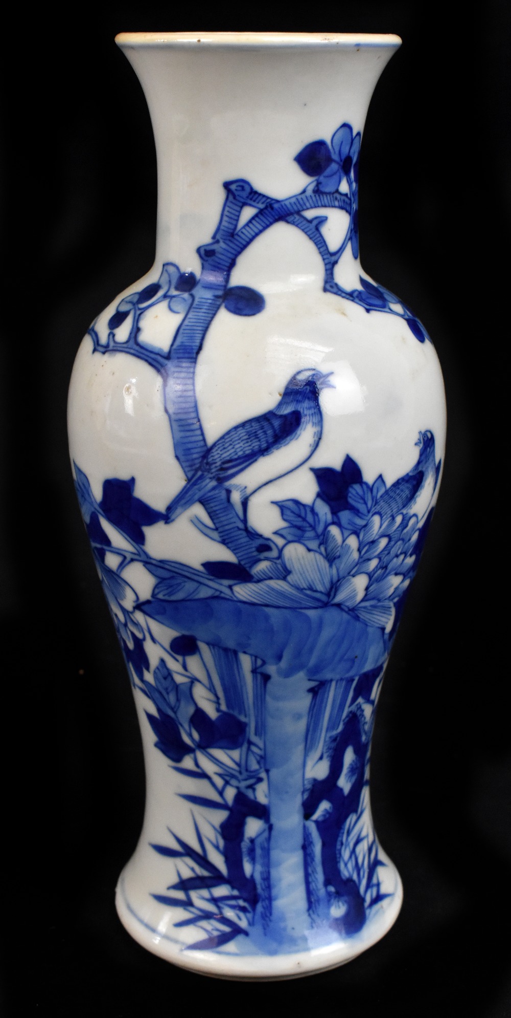 A late 19th century Chinese Kangxi style blue and white vase, decorated with two birds and flowers