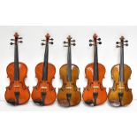 STENTOR; five 1/2 size modern violin outfits, comprising violin, bow and case (5).