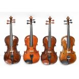 STENTOR; four 1/4 size modern violin outfits, comprising violin, bow and case (4).