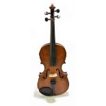 A German 3/4 size violin, Guarneri copy, the two-piece back length 33.5cm, cased with a bow.