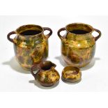 LONGPARK TORQUAY; a pair of honey/treacle glazed vases with lug handles, height 16cm, also a jug and