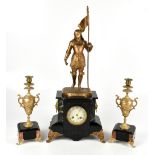 A late 19th century French gilt spelter and marble eight day mantel clock garniture, the clock