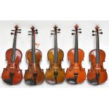 STENTOR; five 1/2 size modern violin outfits comprising violin, bow and case (5).