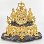 A reproduction gilt metal figural mantel clock, the circular dial set with Roman numerals, flanked