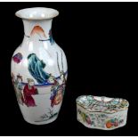 A late 19th century Chinese Famille Verte vase decorated in enamels with figures in landscape