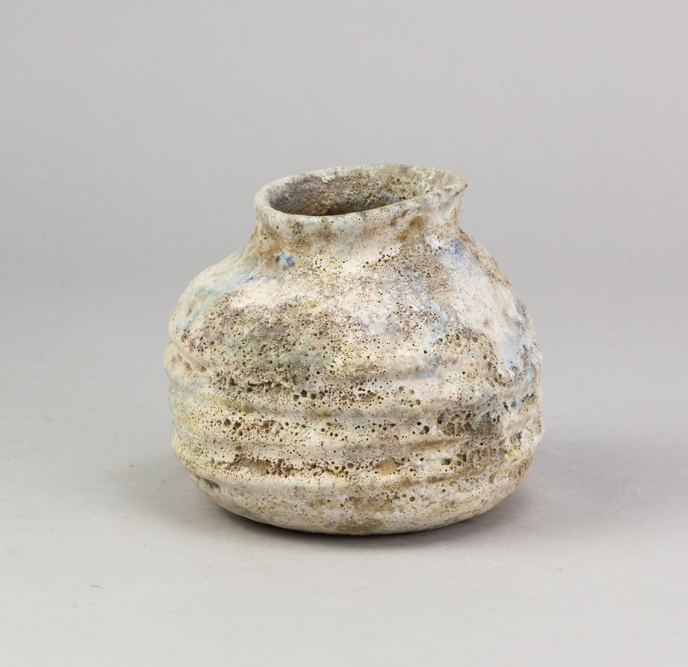 AKI MORIUCHI (born 1947); a stoneware vessel with heavily textured surface covered in slips and