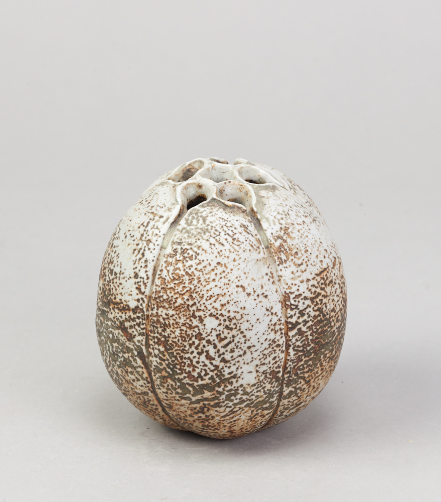 ALAN WALLWORK (1931- 2019); a stoneware seed pod with incised decoration, incised AW mark, height