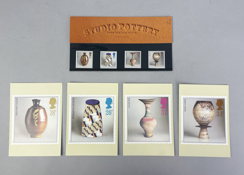 'Studio Pottery', a presentation pack of four stamps designed by Tony Evans featuring works by