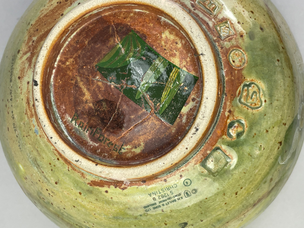 ANDREW CHAMBERS; a deep stoneware bowl covered in green glaze with decals of a parrot, leopard and - Image 6 of 6