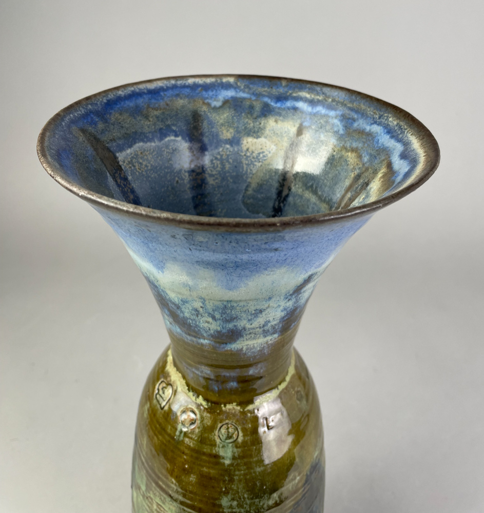 ANDREW CHAMBERS; a tall stoneware vase covered in sea green glaze with blue top, the word Gaia - Image 3 of 4