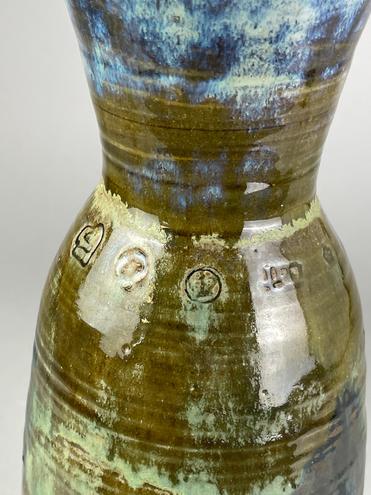 ANDREW CHAMBERS; a tall stoneware vase covered in sea green glaze with blue top, the word Gaia - Image 4 of 4