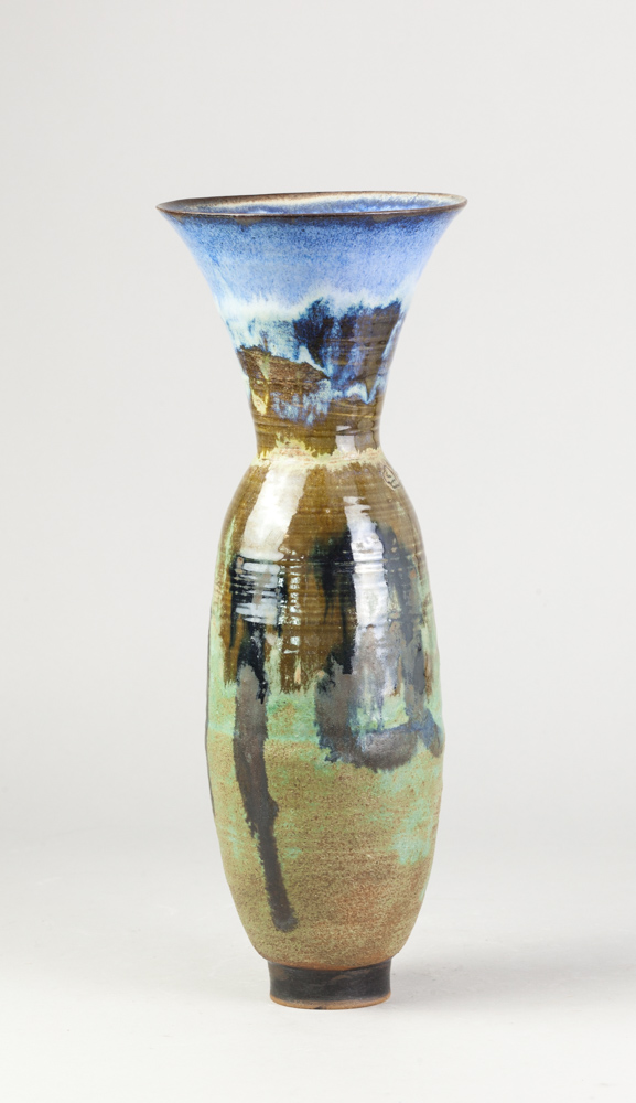 ANDREW CHAMBERS; a tall stoneware vase covered in sea green glaze with blue top, the word Gaia - Image 2 of 4