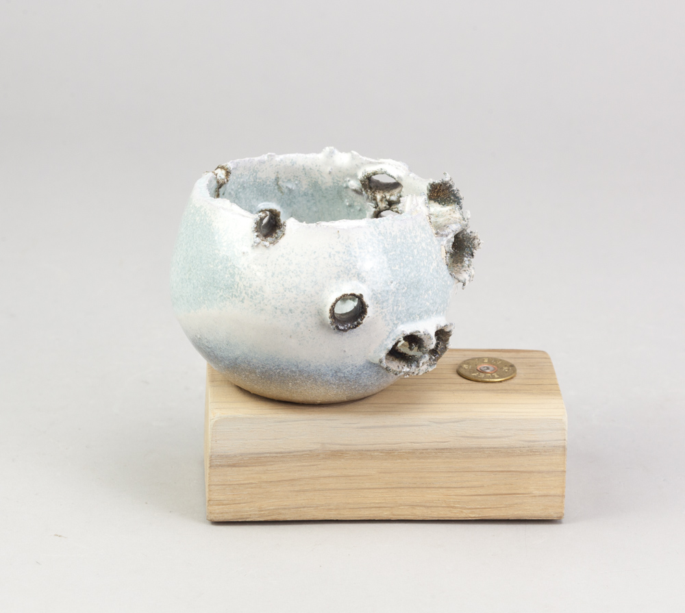 ALLISON WEIGHTMAN (born 1963); a stoneware 'shot' bowl on a wooden stand, white and pale turquoise - Image 2 of 3