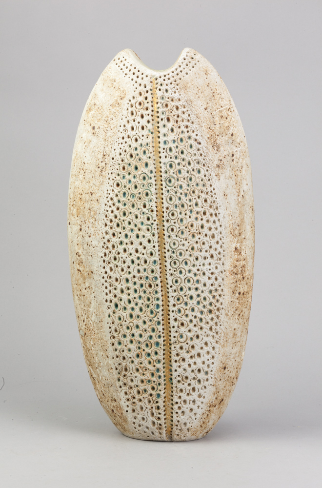 ALAN WALLWORK (1931- 2019); a very tall stoneware pebble with impressed decoration picked out in