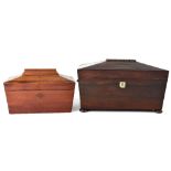 A 19th century rosewood sarcophagus-form tea caddy with hinged lid enclosing two further lift-out