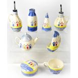 STUDIO POOLE: a group of ceramics in the 'Beach Huts' pattern to include small teapot,
