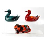 POOLE; a flambé 'Delphis' duck (af), length 17cm, a green ground and black feathered and beak duck,