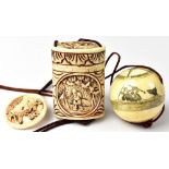 A Japanese Inro of spherical form with scrimshaw type decoration of whaling scene and compass to