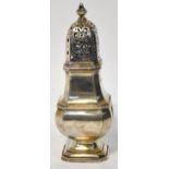 A George VI hallmarked silver sugar caster of canted square form, with pierced dome lid,