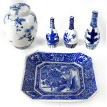 A group of Oriental ceramics to include three blue and white bottle vases, height of largest 14.