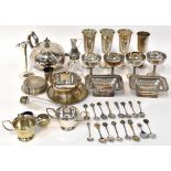 A quantity of plated ware to include a teapot, goblets, glass sugar caster, collectors' spoons,