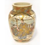 A Japanese Meiji Period Satsuma vase with richly decorated abstract and scenic panels to the neck,