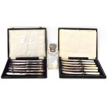 Two cased sets of hallmarked silver butter knives, one set with mother of pearl handles,