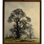 AFTER DAVID SHEPHERD; a print of a tree in foggy landscape, 60 x 49.