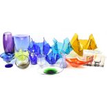 Various 20th century coloured glassware to include five handkerchief vases, a smoky glass bowl,