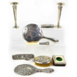A mixed lot of hallmarked silver items comprising a pair of trumpet form cases,