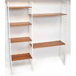 A Ladderax shelving unit in white with two long and four short wooden shelves, 201 x 170 x 36cm.