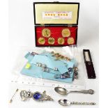 Various items of costume jewellery to include tie pins, brooches, pendant, silver spoon,