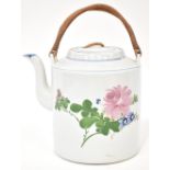 A large 20th century Japanese porcelain tea kettle with double bamboo cane handle and hand painted