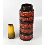 A c1970s West German cylindrical vase with banded abstract red and brown decoration,