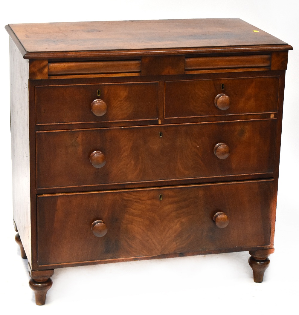 A Victorian mahogany two-over-two chest of drawers, to baluster and peg supports, 95 x 93 x 52cm.