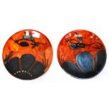 POOLE; two shallow dishes, both in the 'Himalayan Poppy' design, varying colourways, diameter 27cm,