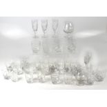 Various cut glassware to include tumblers, etched brandy glasses, wine glasses, cut sherry glasses,