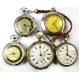 Five various vintage pocket watches, all open face and with either chrome or silver-plated cases,