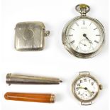 A Waltham silver plated pocket watch enamelled dial set with Roman numerals and with secondary dial