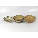 Three studio ceramic bowls comprising one with brown band and bamboo decoration in the Japanese