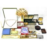 A small quantity of costume jewellery and compacts to include a silver gilt framed compact with