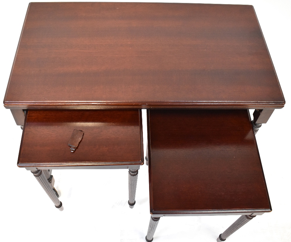 A modern mahogany fold-over tea table trolley containing two smaller square section occasional - Image 2 of 4