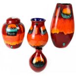 POOLE; a ginger jar, height 18cm, a bud vase, a Venetian vase and a tall purse vase, height 26cm,