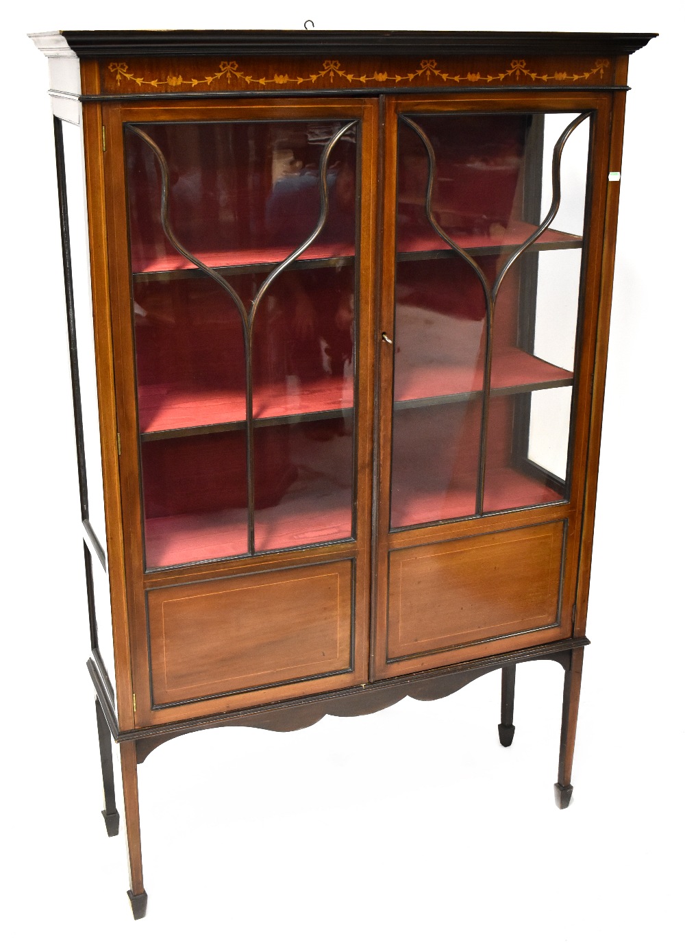 An Edwardian inlaid walnut two-door display cabinet,