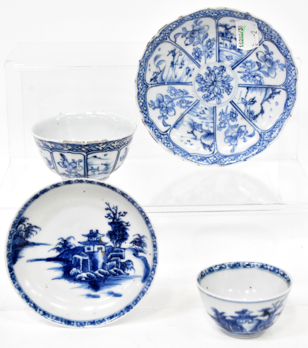 An 18th century Chinese Nanking Cargo blue and white tea bowl and saucer, Quianlong period c1750,