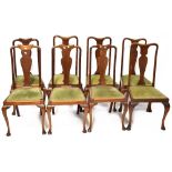A harlequin set of eight Queen Anne style dining chairs with vase-shaped splat back,