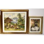 Two vintage hand embroidered woolwork pictures to include a large Swiss Alpine dwelling with girl